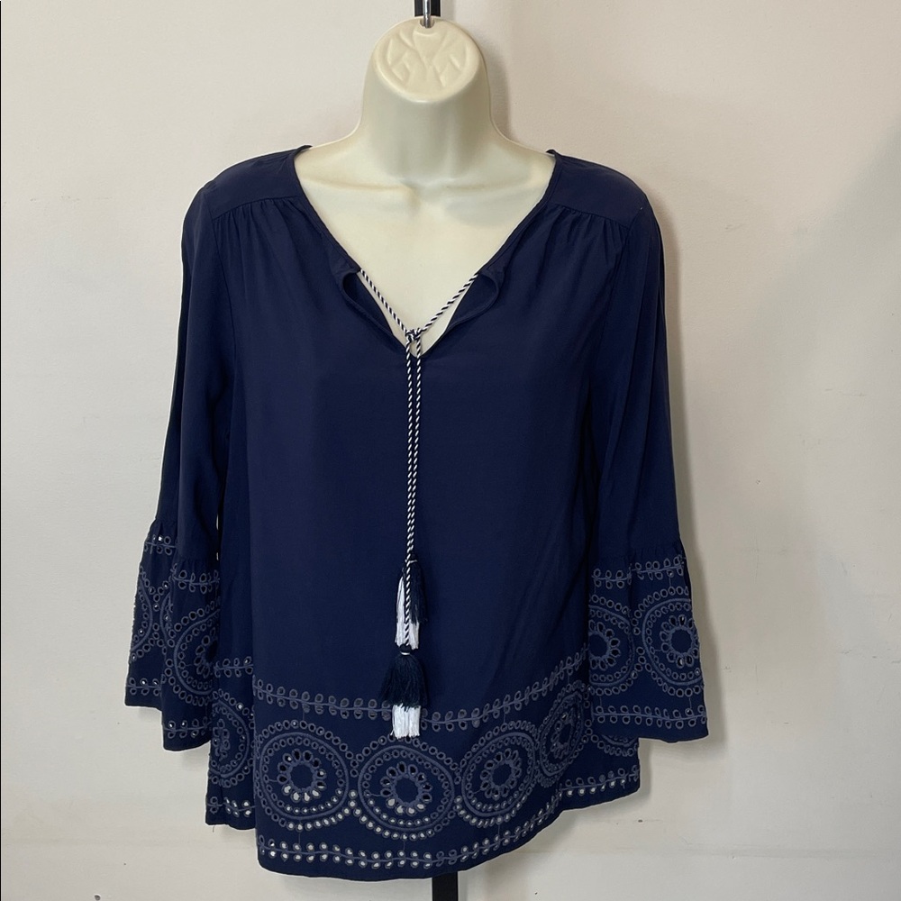 Crown & Ivy Navy Blouse with White Embroidery